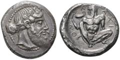 CLASSICAL COINS SICILY NAXOS Tetradrachm, about 461/460 BC. AR 17.18 g. Bearded head of Dionysos r., wearing ivy wreath, hair tied in a krobylos at the back of the head. Rev. N - AXI - ON Nude, bearde