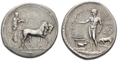 CLASSICAL COINS SICILY SELINUS Tetradrachm, about 440-430 BC. AR 16.83 g. Apollo and Artemis, standing side by side in slow quadriga r.; Apollo, nude to waist, holding bow, Artemis holding the reins; 