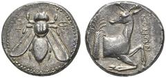 CLASSICAL COINS IONIA EPHESUS Tetradrachm, about 390-380 BC. AR 14.94 g. E - F Bee. Rev. Forepart of stag r., head turned l., behind, palm tree, in field r., KONWN. Pixodaros Hoard 174, Class A / Obv.