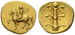 CLASSICAL COINS CYRENAICA CYRENE Magas , king about 283-250 BC. Tetrobol, gold. AV 2.85 g. Youth, wearing chlamys, on horseback l., petasus in the neck, in field r., star; whole in linear circle. Rev.