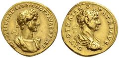 ROMAN COINS ROMAN EMPIRE HADRIANUS, 117-138. Aureus with his deified adoptive father Trajan , 117. AV 7.28 g. IMP CAES TRAIAN HADRIAN OPT AVG G D PART Laureate, draped and cuirassed bust r. Rev. DIVO 