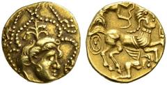 CELTIC COINS GALLIA VENETI Quarter stater, gold. AV 1.94 g. Unbearded male head r., plant with four leaves on top of the head; around, strings of pearls. Rev. Biga r. drawn by human-headed horse, belo