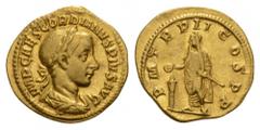 COINS OF THE ROMAN EMPIRE Gordianus III., 238-244. Aureus mid 239, Rome. 5.10 g. IMP CAES GORDIANVS PIVS AVG. Laureate, draped, and cuirassed bust right // P M TR P II COS PP. Gordian III, veiled and 