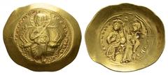 BYZANTINE EMPIRE Constantinus X, 1059-1067. Histamenon, Constantinople. 4.41 g. Christ seated facing on throne with curved arms // The Virgin, nimbate, crowning the Emperor; M between their heads and 