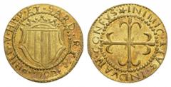 ITALIA SARDEGNA Filippo V di Spagna, 1700-1719. Scudo doro 1702, Cagliari. 3.21 g. PHILIP V HISP ET SARD REX. Stemma coronato // INIMIC EIVS INDVAM CONFVS. Croce gigliata. M.I.R. 93/2 (R). Fr. 145; OR