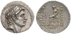 CLASSICAL COINS SELEUCID KINGDOM OF SYRIA DEMETRIUS I SOTER, king 162-150 BC. Tetradrachm, Antiochia , 155-154 BC. AR 15.76 g. Diademed head r. within laurel wreath. Rev. BASILEWS - DHMHTRIOU / SWTHRO