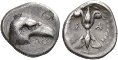 CLASSICAL COINS ELIS. OLYMPIA. Hemidrachm, signed by Polyakon, about 390-380BC AR 2.83 g. Eagle's head r., below, signature ΠΟ Rev. F - A Thunderbolt, all within olive wreath. Seltman, TC 54 and pl. V