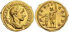 ROMAN COINS IMPERIAL COINAGE. GORDIANUS III PIUS, 238-244. Aureus, 239. AV 5.13 g. IMP.CAES.M.ANT.GORDIANVS AVG Laureate, draped and cuirassed bust r. Rev. P.M.TR.P.II.COS.P.P. Jupiter, nude, chlamys 