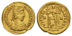 ROMAN COINS COINS OF THE ROMAN EMPIRE Valentinian III, 425-455. Solidus ca. 430-445, Ravenna. 4.33 g. Rosette-diademed, draped and cuirassed bust r. // Emperor standing facing., holding standard and V