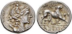 CLASSICAL COINS GALLIA. MASSALIA. Drachm, 220-49 v. Chr. AR 2.63 g. Draped, diademed bust r. of Artemis, quiver at shoulder. Rev. MASSA - LIHTWN Lion advancing r., between legs, P - K. BN 1263. SNG Mu
