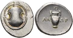 CLASSICAL COINS BOEOTIA. THEBES. Stater, about 395-338 BC. AR 12.18 g. Boeotian shield. Rev. Amphora, above, wreath, in field, ΑΝ - ΔΡ. BCD, Boeotia 501. SNG Cop. 315. Oval flan. Insignificant die bre