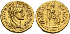 ROMAN COINS THE ROMAN EMPIRE. TIBERIUS, AD 14-37. Aureus, Lugdunum. AV 7.79 g. TI CAESAR DIVI - AVG F AVGVSTVS Laureate head r. Rev. PONTIF - MAXIM Iustitia, draped, seated r., holding scepter with he