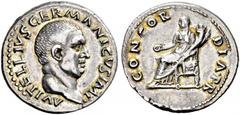 ROMAN COINS THE CIVIL WARS. VITELLIUS, AD 69 (April 19 - December 20). Denarius. AR 3.59 g. A VITELLIVS - GERMANICVS IMP Bare head r. Rev. CONCOR - DIA PR Concordia, wearing long dress, seated l. on t