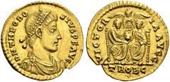 ROMAN COINS COINS OF THE ROMAN EMPIRE. THEODOSIUS I, 379-395. Solidus AD 377-380, Treveri (Trier). AV. 4,50 g. D N THEODO SIVS P F AVG Pearl-diademed, draped, and cuirassed bust r. Rev. VICTOR IA AVGG