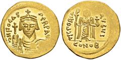 BYZANTINE COINS BYZANTINE EMPIRE. PHOCAS, 602-610. Solidus AD 607/609, Constantinople. AV. 4,34 g. dN N FOCAS PERP AVG Crowned and draped bust facing, holding globus cruciger. Rev. VICTORIA AVG / YI A