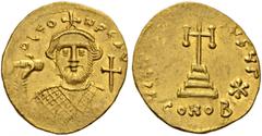 BYZANTINE COINS BYZANTINE EMPIRE. LEONTINUS, 695-698. Light weight solidus of 23 siliquae, Constantinople. AV. 4,16 g. Bearded bust facing, wearing loros and crown, holding mappa in his raised r. hand