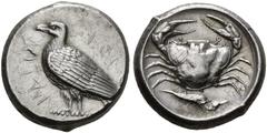 THE OSAKA COLLECTION OF CLASSICAL COINS SICILY. ACRAGAS. Tetradrachm, about 450 BC. AR 17.54 g. AKRAC - ANTOΣ Eagle with closed wings standing l. on dotted ground line. Rev. Crab, below dolphin r.; al