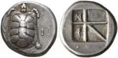 THE OSAKA COLLECTION OF CLASSICAL COINS AEGINA, Island. AEGINA. Stater, 420-380 BC. AR 12.15 g. A - I Tortoise. Rev. Shallow, four-part incuse square, in three of the compartmens N, I and dolphin, the
