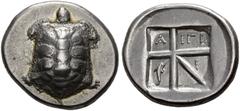 THE OSAKA COLLECTION OF CLASSICAL COINS AEGINA, Island. AEGINA. Stater, about 400-380 BC. AR 12.17 g. Tortoise. Rev. Four-part incuse square, one of the compartmens divided into two triangles, in the 