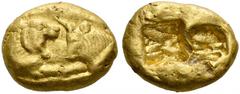 THE OSAKA COLLECTION OF CLASSICAL COINS KINGDOM OF LYDIA. CROESUS, king 561-546 BC. Stater, gold, heavy standard, Sardes mint. AV 10.75 g. Confronted foreparts of lion r., and of bull l. Rev. Two incu