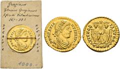 ROMAN COINS COINS OF THE ROMAN EMPIRE. Gratianus, AD 367-383. Solidus, Treveri, 375-378. AV 4.54 g. Draped, cuirassed bust r., wearing laurel-and rosette diadem. Rev. VICTOR - IA AVGG / TROBT Two empe