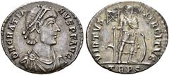 ROMAN COINS COINS OF THE ROMAN EMPIRE. Gratianus, 367-383. Light Miliarense, Treveri, 375-378. AR 4.43 g. Diademed, draped and cuirassed bust r. Rev. VIRTVS - EXERCITVS / TRPS Emperor in military atti
