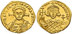 COLLECTION OF BYZANTINE COINS Justinianus II, second reign, 705-711. Solidus, 705. AV 4.32 g. dN IhS Ch RªX - RªGNANTIYM Facing bust of Christ with curly hairs, wearing pallium over colobium, holding 