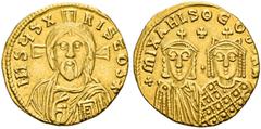 COLLECTION OF BYZANTINE COINS Michael III, 842-867. With his mother Theodora. Solidus, 843-856. AV 4.37 g. IhSYS X - RISTOS* Bearded, facing bust of Christ, cross behind head, wearing tunic and himati