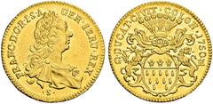 DEUTSCHE MÜNZEN UND MEDAILLEN KÖLN. STADT. Dukat 1750. Mit Titel Kaiser Franz I. DUCAT VIVIT COLON 1750. Behelmtes Stadtwappen in Verzierung mit Schildhaltern. Jahreszahl und Mzz. G - H (Gerhard Hüls)