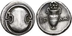 GREEK COINS FROM THE ABOU TAAM FAMILY COLLECTION. BOEOTIA. THEBES. Stater, struck by Epaminondas as magistrate, before 362 BC. AR 10.79 g. Boiotian shield. Rev. Amphora, above, open rose, across field