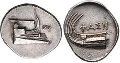 GREEK COINS FROM THE ABOU TAAM FAMILY COLLECTION. LYCIA. PHASELIS. Stater, about 400-360 BC. AR 10.35 g. Prow of galley r., in front, monogram. Rev. ΦAΣH Stern of galley l. Heipp-Tamer not. Rare varie