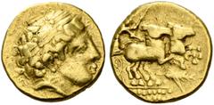 CELTIC COINAGE IN HELVETIA. IMITATIONS OF COINS OF PHILIP II. Quarter stater, gold, type of Philip II, 3rd/2nd c. BC AV 2.03 g. Laureate head of Apollo r. Rev. Fast biga r., driver holding reins with 