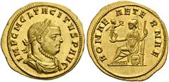 COINS OF THE ROMAN EMPIRE. Tacitus, AD 275-276. Aureus, Ticinum. AV 4.65 g. IMP C M CL TACITVS P AVG Laureate, draped and cuirassed bust r. Rev. ROMAE - AETE - RNAE Roma, wearing helmet, long dress an