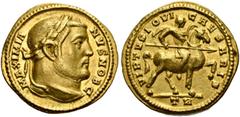 COINS OF THE ROMAN EMPIRE. Galerius Maximianus, Caesar AD 293-305. Aureus, Treveri, 302. AV 4.86 g. MAXIMIA - NVS NOB C Laureate head r. Rev. VIRTVS IOVI - CAESARIS / TR Galerius on horseback r., wear