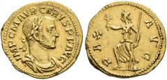 ROMAN COINS COINS OF THE ROMAN EMPIRE. CARUS, AD 282-283. Aureus, Lugdunum, 282. AV 4.63 g. IMP C M AVR CARVS PF AVG Laureate, draped and cuirassed bust r. Rev. PAX - AVG Pax, wearing long dress, runn