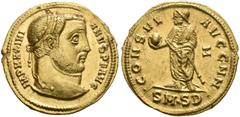ROMAN COINS COINS OF THE ROMAN EMPIRE. GALERIUS MAXIMIANUS, AD 305-311. Aureus, Serdica, 305-306. AV 5.40 g. IMP MAXIMI - ANVS PF AVG Laureate head r. Rev. CONSVL - AVGG NN / .SM.SD. Galerius standing