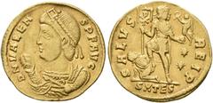 ROMAN COINS COINS OF THE ROMAN EMPIRE. VALENS, AD 364-378. Solidus, Thessalonica, 365. AV 4.30 g. DN VALEN - S PF AVG Diademed bust l., wearing consular robe, holding short scepter in his l. hand, map