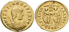 ROMAN COINS COINS OF THE ROMAN EMPIRE. GRATIANUS, AD 367-383. Solidus, Treveri, 368. AV 4.42 g. DN GRATIANVS PF AVG Diademed, draped, cuirassed bust r. Rev. VICTOR - IA AVGG / TROB. Two emperors, wear