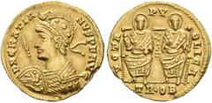 ROMAN COINS COINS OF THE ROMAN EMPIRE. GRATIANUS, AD 367-383. Solidus, Treveri, 368. AV 4.40 g. DN GRATIA - NVS PF AVG Bust l., wearing imperial robe, diademed helmet decorated with stars and holding 