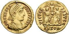 ROMAN COINS COINS OF THE ROMAN EMPIRE. THEODOSIUS I, AD 379-395. Solidus, Thessalonica, 380. AV 4.51 g. DN THEODO - DIVS PF AVG Diademed, draped, cuirassed bust r. Rev. VICTOR - IA AVGG / TESOB Two em
