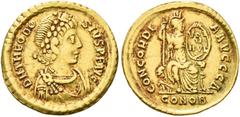 ROMAN COINS COINS OF THE ROMAN EMPIRE. THEODOSIUS I, AD 379-395. Solidus, Constantinople, 383. AV 4.37 g. DN THEODO - SIVS PF AVG Diademed, draped, cuirassed bust r. Rev. CONCORDI - A AVCCΔ / CONOB Co