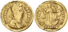 ROMAN COINS COINS OF THE ROMAN EMPIRE. HONORIUS, AD 393-423. Solidus, Milan, 395-402. AV 4.36 g. DN HONORI - VS PF AVG Diademed, draped and cuirassed bust r. Rev. VICTORI - A AVGGG / M - D / COMOB Emp