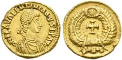ROMAN COINS COINS OF THE ROMAN EMPIRE. VALENTINIANUS III, AD 425-455. Tremissis, Rome or Ravenna, possibly Visigothic imitation, 425. AV 1.45 g. DN PLA VALENTINIANVS FP (!) AVG Draped, cuirassed bust 