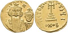BYZANTINE EMPIRE BYZANTINE EMPIRE. CONSTANS II, AD 641-668. With Constantine IV. Solidus, Constantinople, 654-659. AV 4.39 g. dN CONSTANTINЧS C CONSTANTIN The facing busts of Constans, with long beard