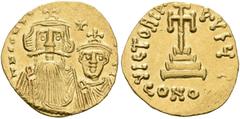 BYZANTINE EMPIRE BYZANTINE EMPIRE. CONSTANS II, AD 641-668. With Constantine IV. Solidus, Constantinople, 654-659. AV 4.44 g. dN CONSTANTINЧS C CONSTANTIN The busts facing of Constans, with long beard