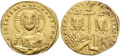 BYZANTINE EMPIRE BYZANTINE EMPIRE. NICEPHORUS II PHOCAS, AD 963-969. Histamenon, with his stepson Basil II, 963-969. AV 4.33 g. +IhS XPS RЄX - RЄGnAnTIЧM Facing bust of Christ, nimbate, wearing palliu