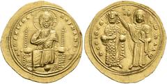 BYZANTINE EMPIRE BYZANTINE EMPIRE. ROMANUS III ARGYRUS, AD 1028-1034. Histamenon. AV 4.41 g. +IhS XIS RЄX - RЄGNANTInm Christ, nimbate, seated facing on throne with high back-rest, holding Book of Gos