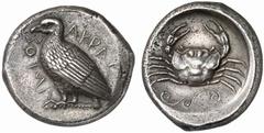 MONNAIES GRECQUES SICILE AKRAGAS. No: 1041     Schätzpreis/Estimate CHF 7500 d=27 mm Tétradrachme, vers 470-460 av. J.-C. AKRAC/'OTŽA Aigle debout à g. Rv. Crabe, au-dessous, fleuron à spirales. 17,30