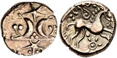 CELTIC COINS. BRITANNIA. ICENI. Stater, gold, Freckenham Type, about 45-40 BC. AV 5.35 g. Two crescents, back to back on a ground line, above, star, in the field, groups of pellets; in exergue, star. 