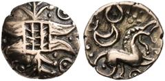 CELTIC COINS. BRITANNIA. ICENI. Quarter stater, gold, Irstead Smiler-Type. AV 1.05 g. Latticed square on two opposed crescents, projecting branch above and below, pellet in ring on each side. Rev. Hor